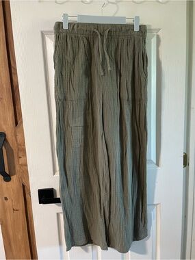 Olive Green Gauze Wide Leg Pants - Size Small